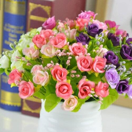 20cm Rose Pink Silk Artificial Flowers Bouquet 21 Heads Cheap Fake Flowers for Home Wedding Decoration indoor