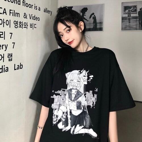 Japanese Summer Cartoon Dark Fashion Gothic Hip Hop Anime Cartoon Print Black Short Sleeve Casual Vintage Tops Harajuku Clothes