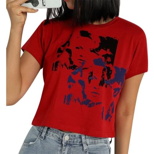 Women’s Summer Short Sleeve T-shirt Fashion Portrait Printing Slim Fit Exposed Navel Tops Y2K Style Clothes