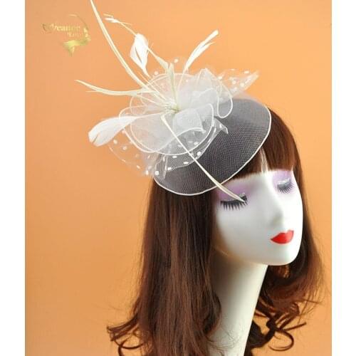 White Feather Mesh Flower Lady Hats with Hairpin Red Wedding Bridal Hats and Fascinator Womens Headdress Hats For Events Party