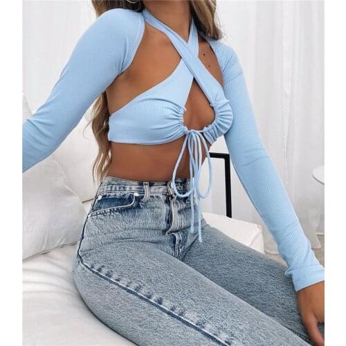 Women Summer Casual Clothes Suits Ladiers Solid Color Halter Drawstring Camisole + Long Sleeve Backless Crop Tops Outfits