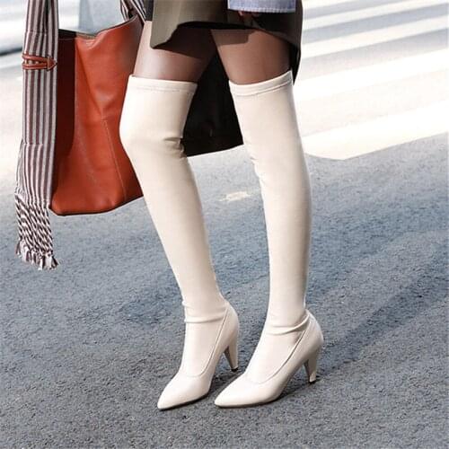 2021 Sexy Women Over The Knee Boots Fashion Stiletto Square Heel Stretch Boots Ladies Pointed Toe Autumn Winter Shoes Woman