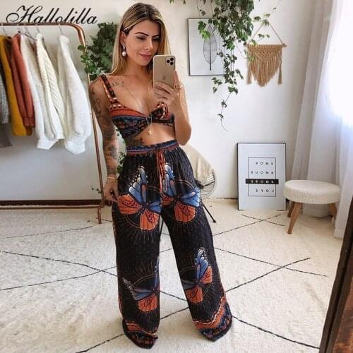 New Fashion Women Summer Beach Two Piece Outfits Casual Sexy V-neck Sleeveless Tank Top Loose Wide Leg Pants Bohemian Print Set