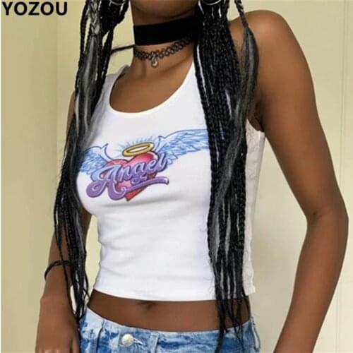 Women ribbed cotton angel pattern printting sleeveless summer white crop top cropped tank tee for female
