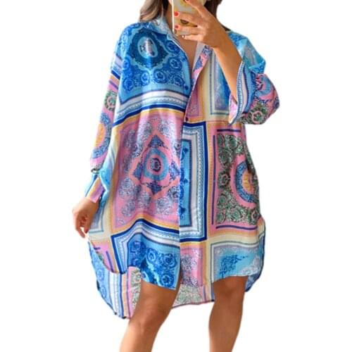 Women’s Casual Long Sleeve Dress Vintage Abstract Printing Single-breasted Mid-length Dress Spring Autumn