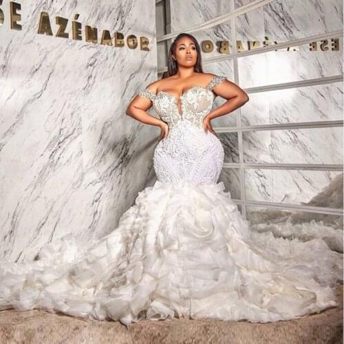 Plus Size Wedding Dresses High End Beading Ruffles Pleated casamento Mermaid Bridal Dress Ivory Applique robe de mairee