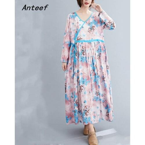 Long sleeve plus size cotton linen vintage floral for women casual loose spring autumn dress elegant clothes 2021 ladies dresses