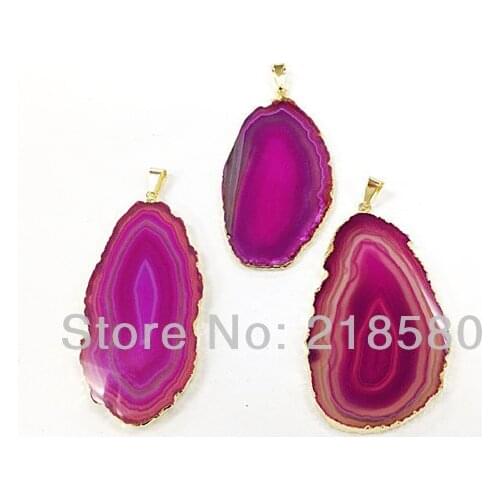 H-DP54 10pcs Hot Pink Fuchsia Created Agates slice Pendant with Gold Electroplated