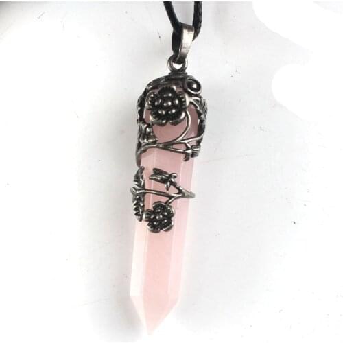 100-Unique Unique Silver Plated Natural Rose Pink Quartz Hexagonal Prism Inlay Flower Leaf Pendant Fashion Jewelry