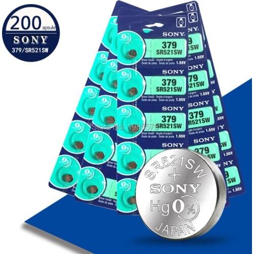 200pcs Sony 100% Original 379 SR521SW SR63 D379 V379 AG0 Silver Oxide Watch Battery 379 SR521SW Button Coin Cell MADE IN JAPAN