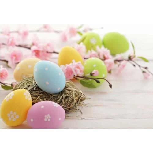 5x7ft Frohe Ostern Backdrop Easter Egg Nest Indoor Pink Flower Wood Children Photography for Photo Shoot Custom Photo Background