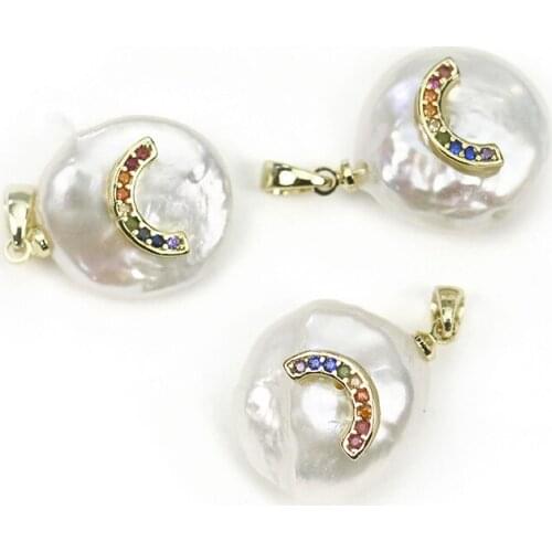 White coin freshwater pearl coin zircon pendant for DIY jewelry making loose beads FPPJ wholesale nature