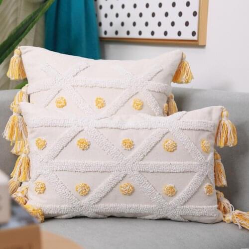 Yellow Ivory Tufted Cushion Cover 45x45cm/30x50cm Pillow Cover Decorative Boho Style Tassles Pillow Case for Home decoration