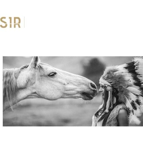 Black and White Simple Indian Girl and Horse Room Decoration Architectural Decoration Wall Paintings Room Decor Aesthetic