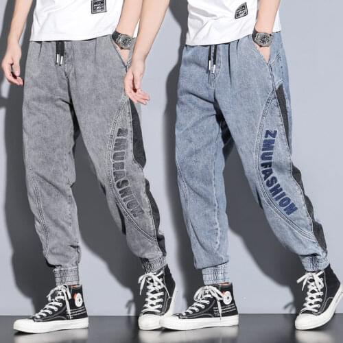 Capri Jeans Mens Cargo Pants Loose and Plus-sized Japanese Hip-hop Fashion Contrasting Color Stitching Beam Harem Pants Male