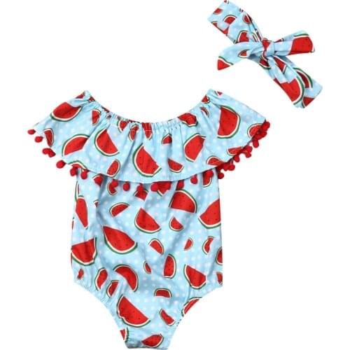 Emmababy Newborn Baby Girl Clothes Off Shoulder Watermelon Print Ruffle Tassel Romper Jumpsuit Headband 2Pcs Outfits Clothes