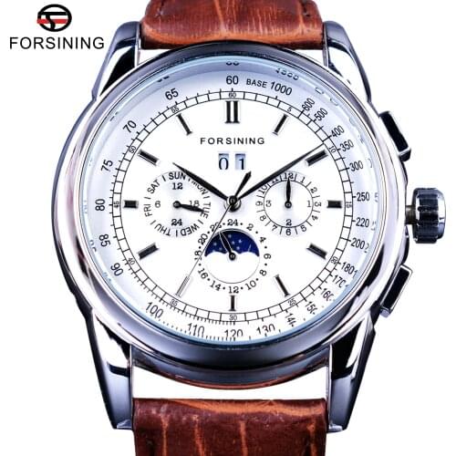 Forsining Moonphase Calendar Display Brown Leather ShangHai Automatic Movement Mens Watches Top Brand Luxury Mechanical Watches
