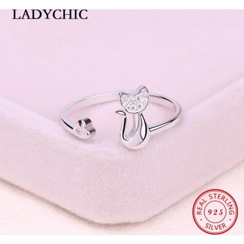 LADYCHIC Authentic 925 Sterling Silver Cute Cat Ring for Women Fashion Clear Zircon Resizable Ring Jewelry Dropshipping LRS1001