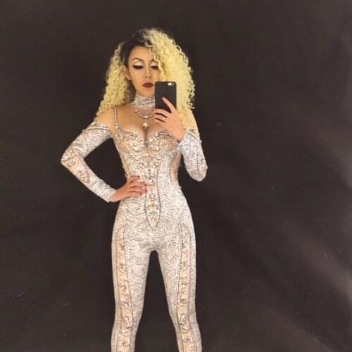 Silver 3D Printing Sexy Stage Sparkling Crystals Jumpsuit Bling Bodysuit Nightclub Birthday Party Performance Stage Wear Costume