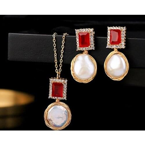 New 3PCS Jewelry Sets Freshwater Pearls Zircon Earrings Necklace Red Jewelry Set Rhinestones For Women Pendant Necklace/Earring