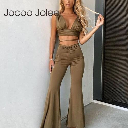 Jocoo Jolee Women Summer Casual Sexy Solid Party Club Suit Deep V Neck Halter Crop Top And High-Waist Pants Two Piece Set