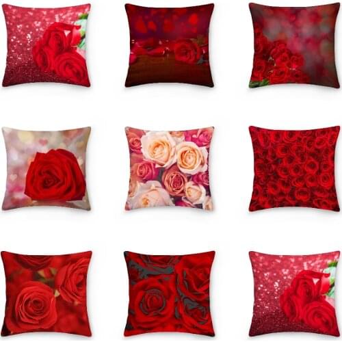 3D Floral Printed Cushion Cover Beautiful Red Roses Pattern Pillowcase Romantic Valentines Day Bed Pillow Cover Home Decor