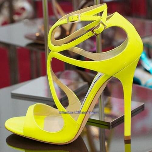 New Spring Summer neon green thin high heeled strappy gladiator cut-out wrapped sandals women narrow band dress shoes plus 46