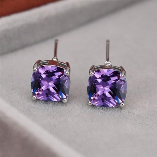 8MM Square Cut Purple Crystal Zircon Stud Earrings Silver Color Engagement Earrings For Women Wedding Jewelry Rainbow Stone