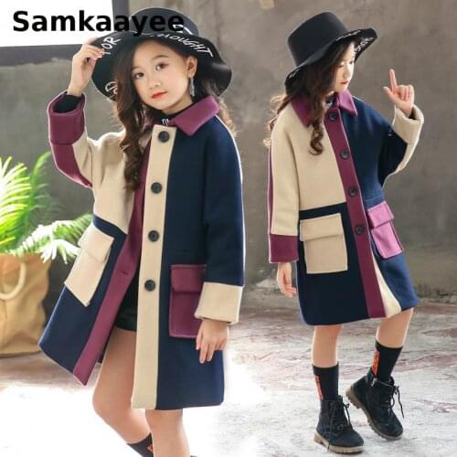 5-15y Girls Woolen Jackets Autumn Winter Kids Coat Outerwear Single-Breasted Patchwork Blends Children Long Clothes Overcoat Y46