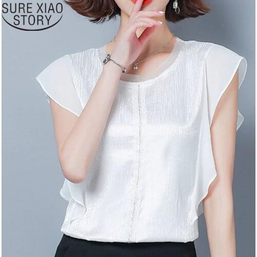 Womens Tops And Blouses 2021 Chiffon Blouse Shirt Solid Short Sleeve Spliced Black White Blouse Ladies Tops Plus Size 4524 50