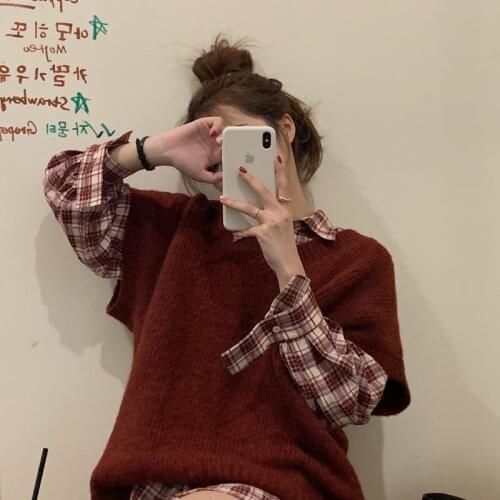 2021 Autumn Women Fashion Plaid Long Sleeve Shirt + V Neck Pullover Vest Office Casual Knitted Vests Female Two Pieces Set Q875