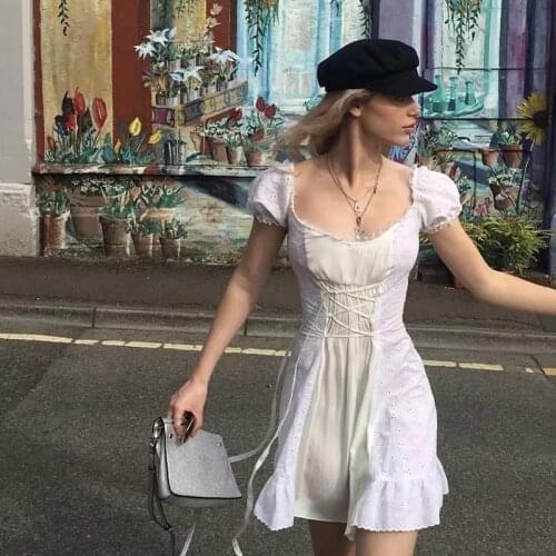 Summer New Lotus Leaf Retro Beach Dress Female White Lace Embroidery Puffy Tulle Hollow Dress