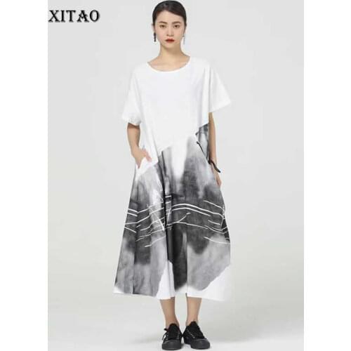 XITAO Print Patchwork Casual Dress Women Tide Fashion New Style O Neck Collar Short Sleeve Pullover Elegant Pocket Loose WMD0543