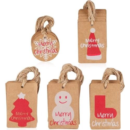 100 Pcs Kraft Paper Merry Christmas Tags 5 Designs With Twine String Tie for Writing Christmas Tree Holiday Gifts Wrap Decor Tag