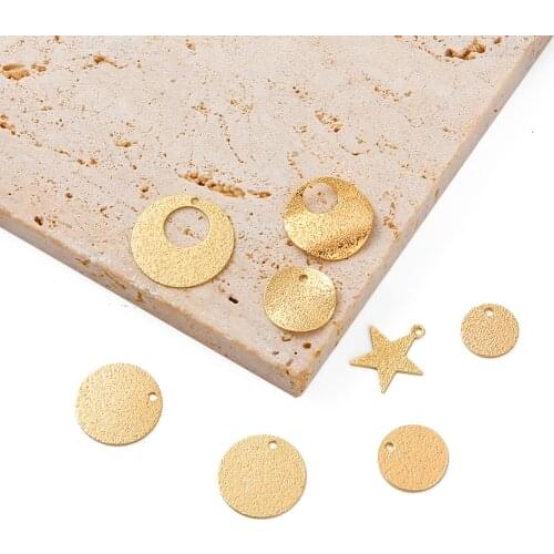 18K Gold 5Pcs Matte Round Star Copper Plated Charm Pendant Spacers for Bracelet Necklace Jewelry Accessories Making Finding 044