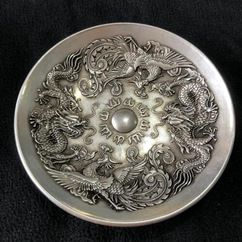 Chinese Rare Collectibles Old Handwork Tibet - Silver Dragon and Phoenix statue bowl home decor metal handicraft