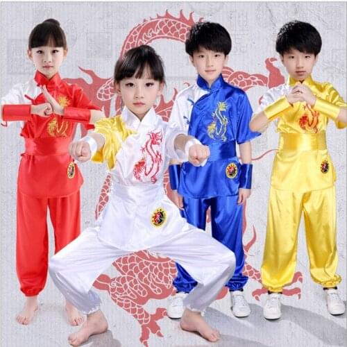 4colors New kids kung fu Embroidery dragon suits children Martial arts performance clothes uniforms tai chi clothing sets