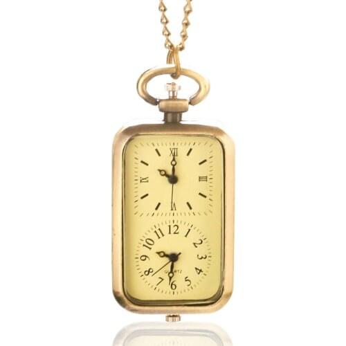 Cool Small Pocket Watch Exquisite Pendant Chain Rectangle Women Necklace Fashion Quartz Watches Double Time Zone Child Gift