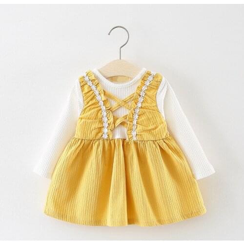 2019 Hot sale Baby girls autumn Dress Kids new cute fake two pieces flowers cotton Dress for girls 1-2 Years