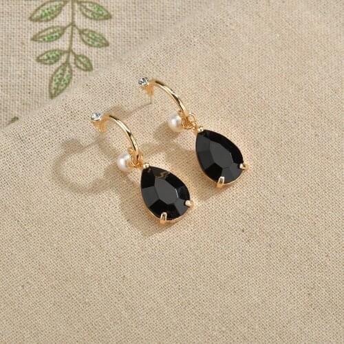MESTILO Cute New Gold Color Geometric Irregular Long Black Crystal Simulate Pearl Water Drop Earrings Classic Jewelry Girl Gift