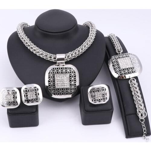 Fashion African Beads Jewelry Set Exquisite Dubai Silver Plated Square Crystal Jewelry Set Nigerian Wedding Bridal Bijoux