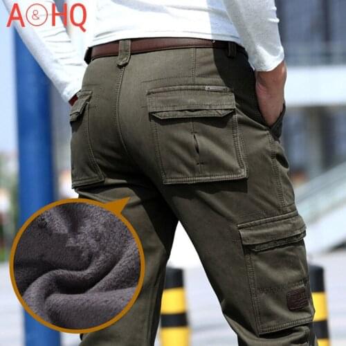 2021 Fleece Warm Winter Cargo Pants Men Casual Loose Multi-pocket Mens Clothes Military Army Green Khaki Pants Man Trousers