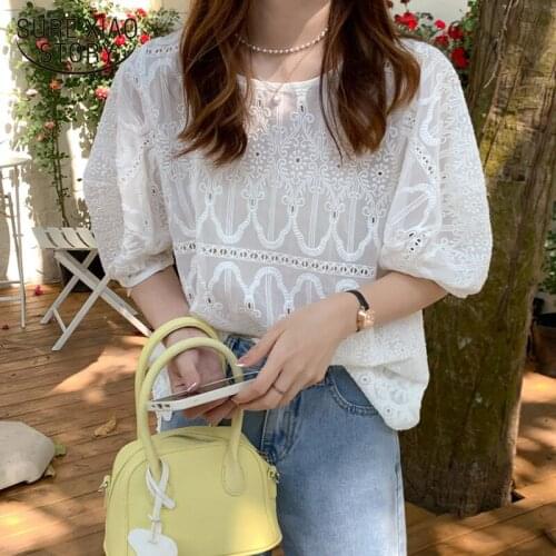 Summer New 2021 Korean Loose Fashion Womens Puff Sleeve Shirt Chic Embroidery Cotton Lace O-neck Casual Blouse Plus Size 14755