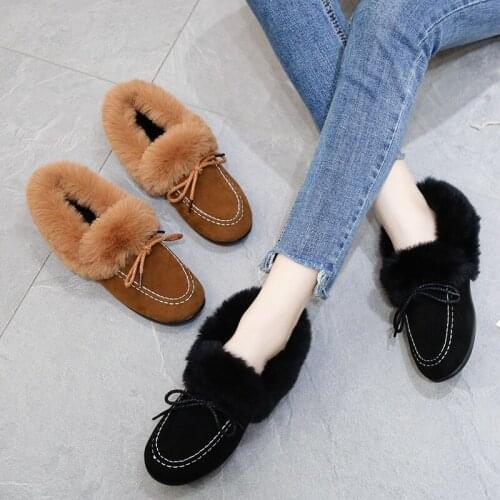Hairy shoes female winter flat bottom cotton shoes peas shoes plus velvet warm mother shoes womens shoes snow boots
