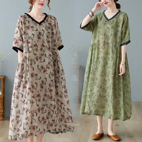 Retro Mori Girl Cotton And Linen Floral Dress Female Summer Loose High Waist A-line Long Casual Dresses With Pockets Big Swing