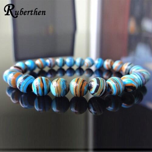 Ruberthen Blue Banded Blue Malachite Gem stone Bead Bracelet for Men AAA Grade Natural Stone Energy Bracelet