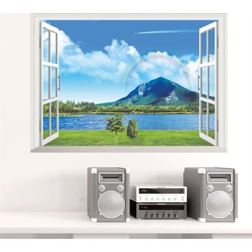 Modern 3D Large Decal Landscape Wall Sticker Mountains Lake Nature Window Frame View Vinyl Home Decor Living Room Bedroom Decal