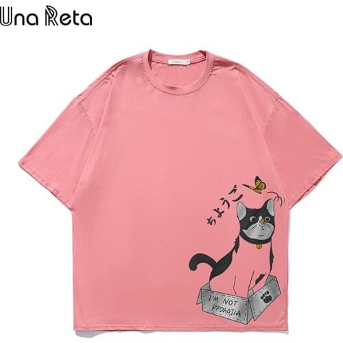 Una Reta Summer T-shirt Men 2021 New Casual Solid Cotton Short Sleeve Tops Men Plus size Clothing Cute cat print Couple T-shirt