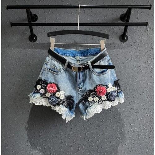 Womens Korean Fashion flower embroidery summer denim Shorts Female Sexy Tassel Wide Leg Jeans Plus Size short Pants TB496