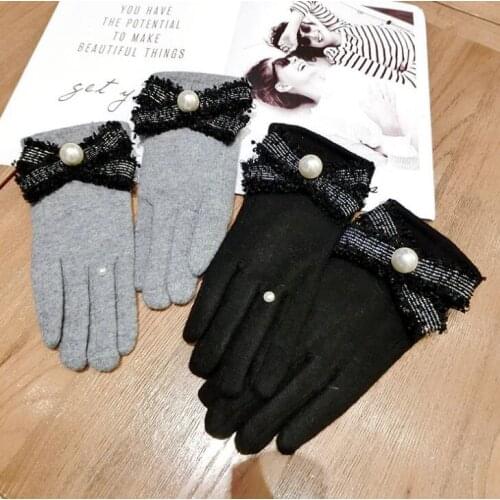 Womens autumn winter thicken warm pearl bow wool gloves ladys touch screen cashmere glove winter driving glove R2279